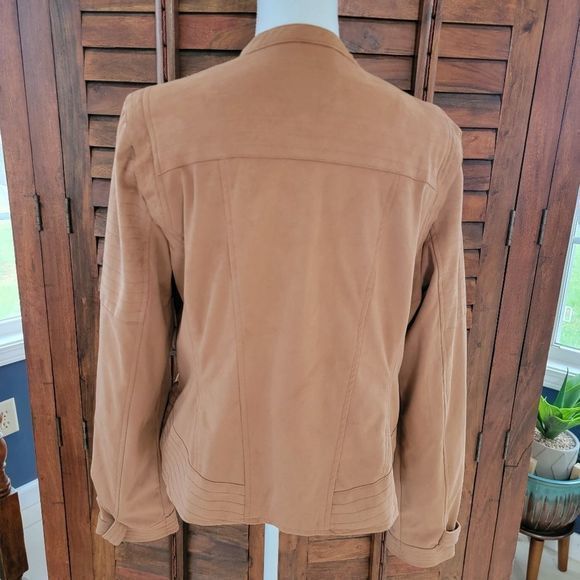 Odyn Tan Faux Suede Motorcycle Jacket women's size large shoulder stitch detail - Picture 6 of 10